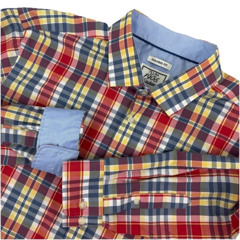 JOS A BANK 1905 Mens Long Sleeve Button Shirt PLAID Red/Blue/Yellow Flip Cuff XL